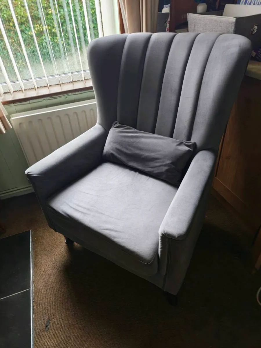 Grey velvet wingback armchair – very comfortable - Image 2