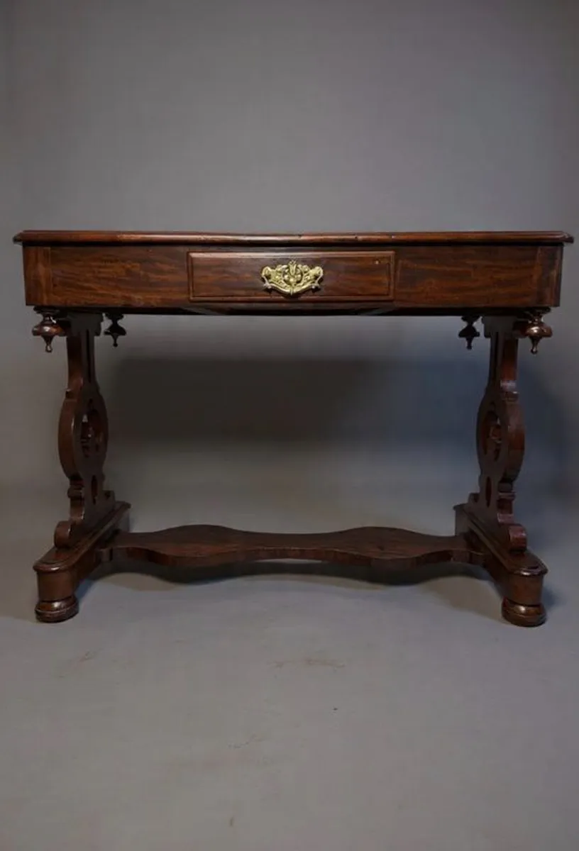 Victorian Mahogany Library Writing or Console Table with Harp-Shaped Base - Image 1