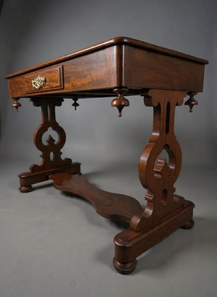 Victorian Mahogany Library Writing or Console Table with Harp-Shaped Base - Image 2