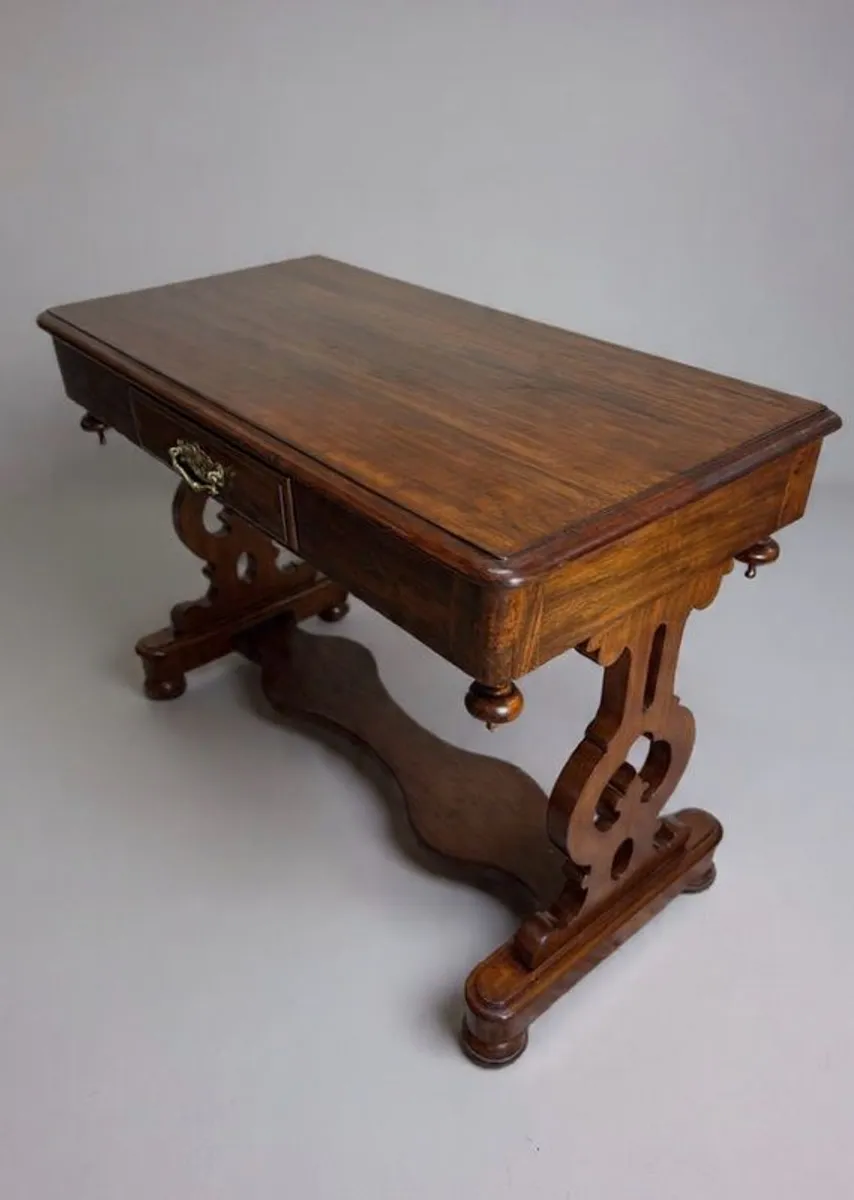 Victorian Mahogany Library Writing or Console Table with Harp-Shaped Base - Image 4