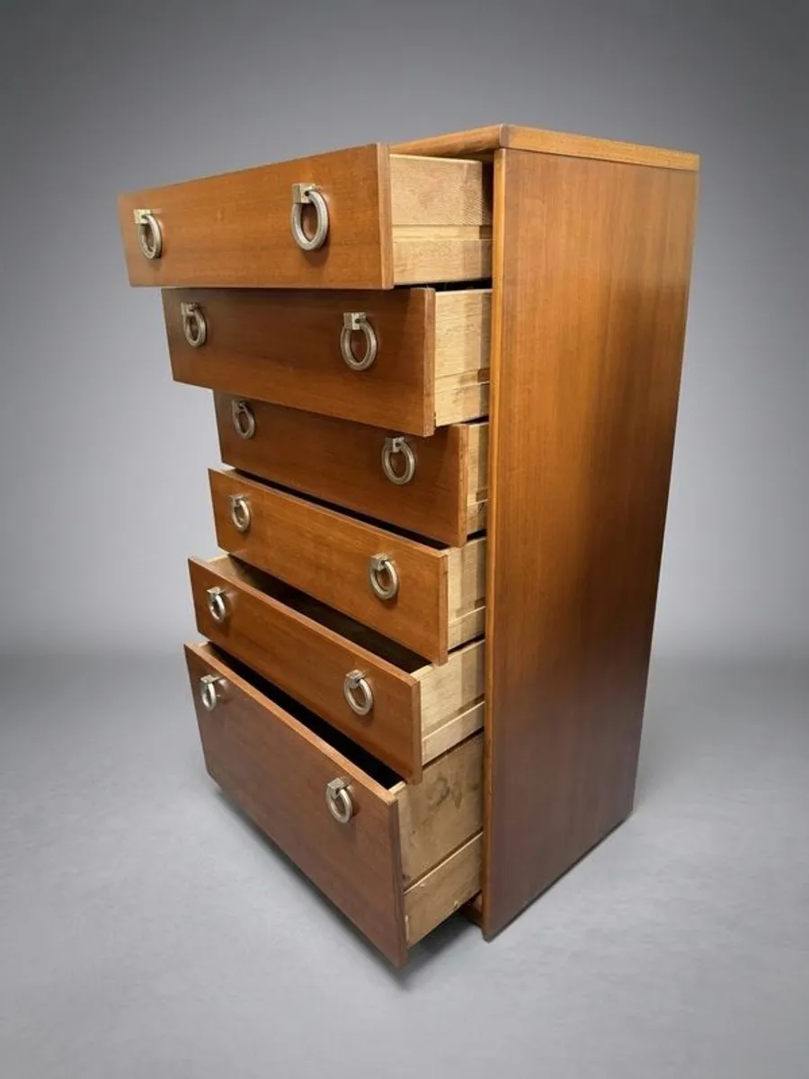 Stunning Mid Century Teak Tallboy with Six Drawers and Chrome Pulls - Image 4