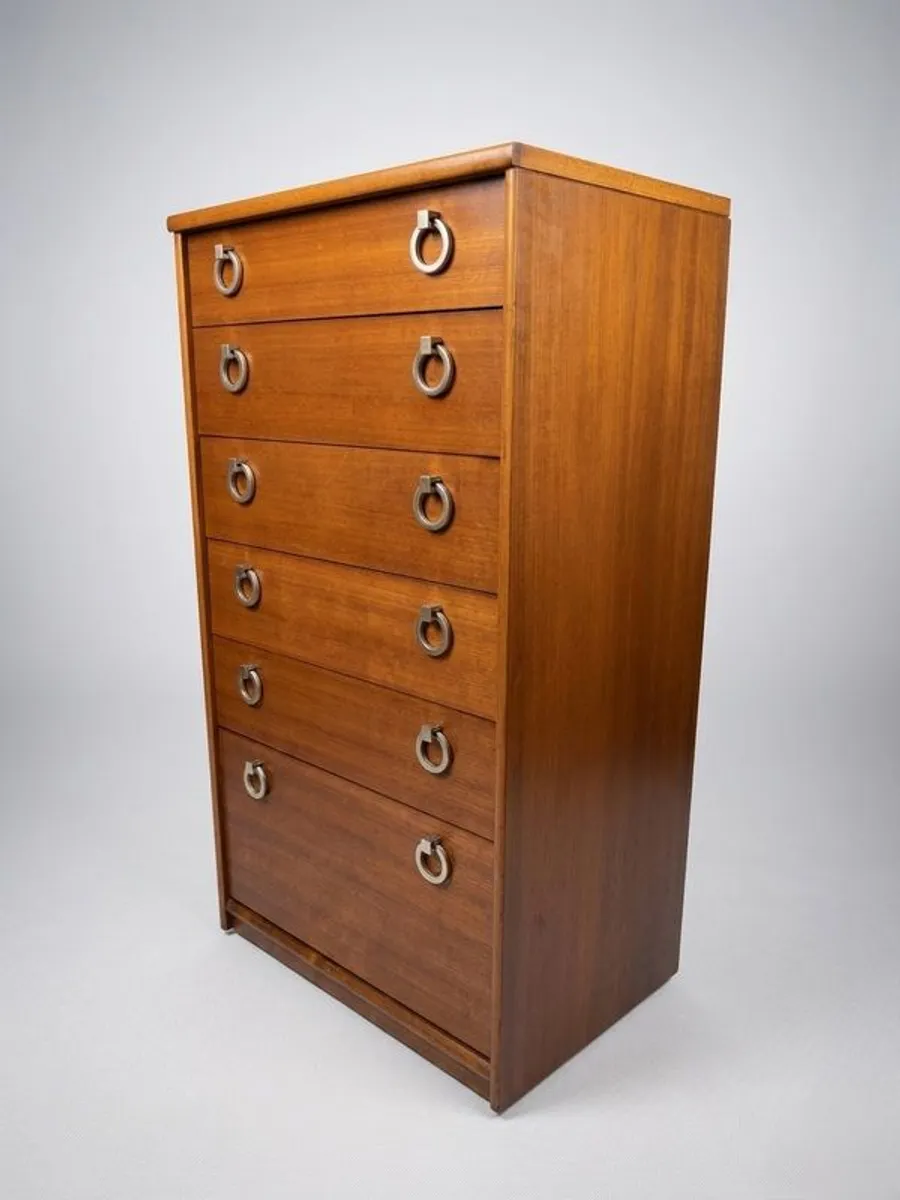 Stunning Mid Century Teak Tallboy with Six Drawers and Chrome Pulls - Image 2