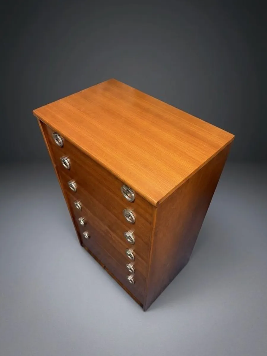 Stunning Mid Century Teak Tallboy with Six Drawers and Chrome Pulls - Image 3