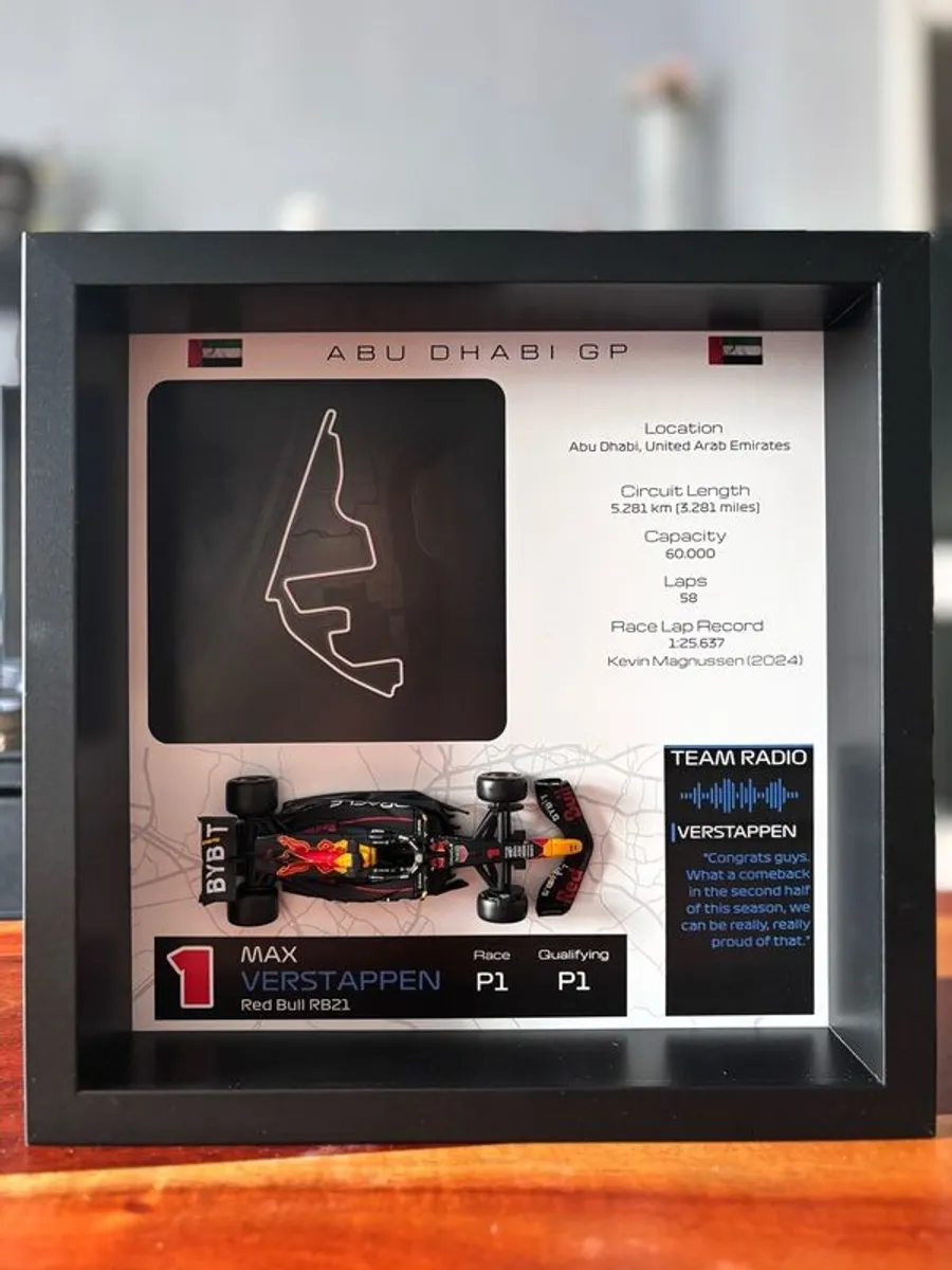 Handmade Formula 1 display frames made with a 1:43 scale F1 car model and the track layout - Image 1