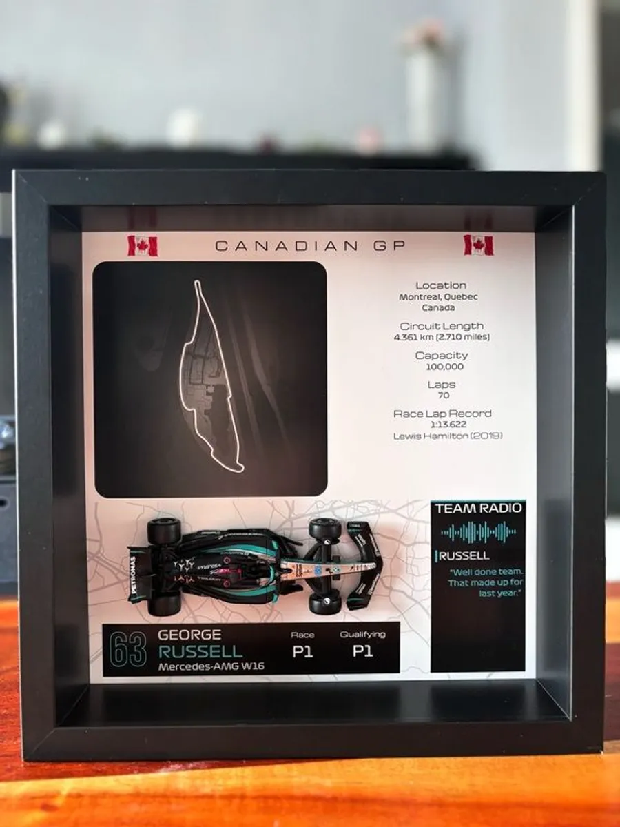Handmade Formula 1 display frames made with a 1:43 scale F1 car model and the track layout - Image 3