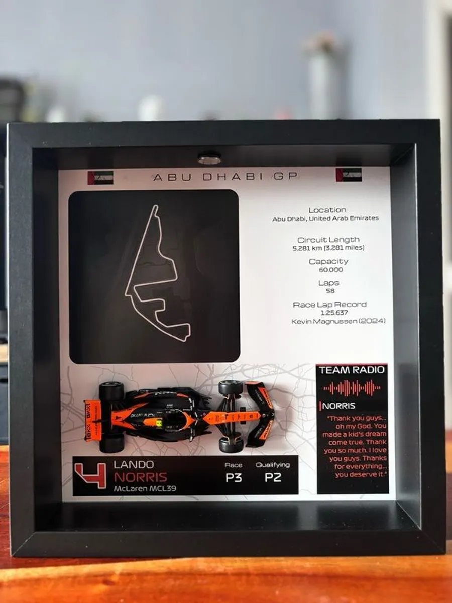 Handmade Formula 1 display frames made with a 1:43 scale F1 car model and the track layout - Image 2