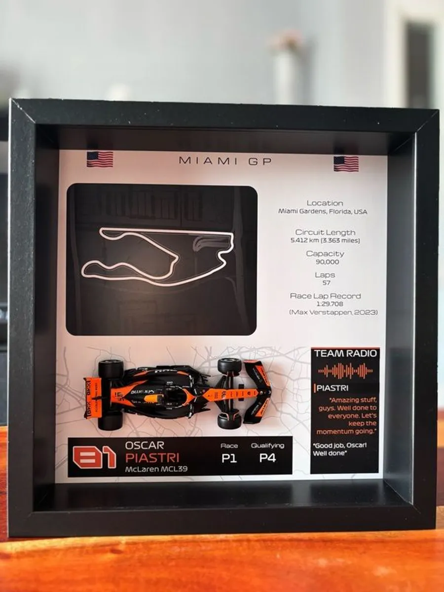 Handmade Formula 1 display frames made with a 1:43 scale F1 car model and the track layout - Image 4