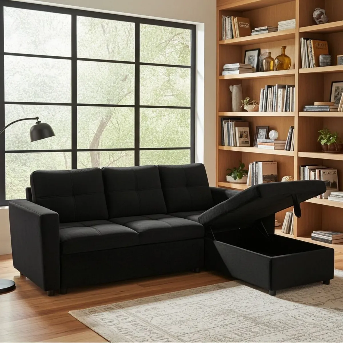 Black velvet Corner Sofa Bed Storage, 215cm - Image 2