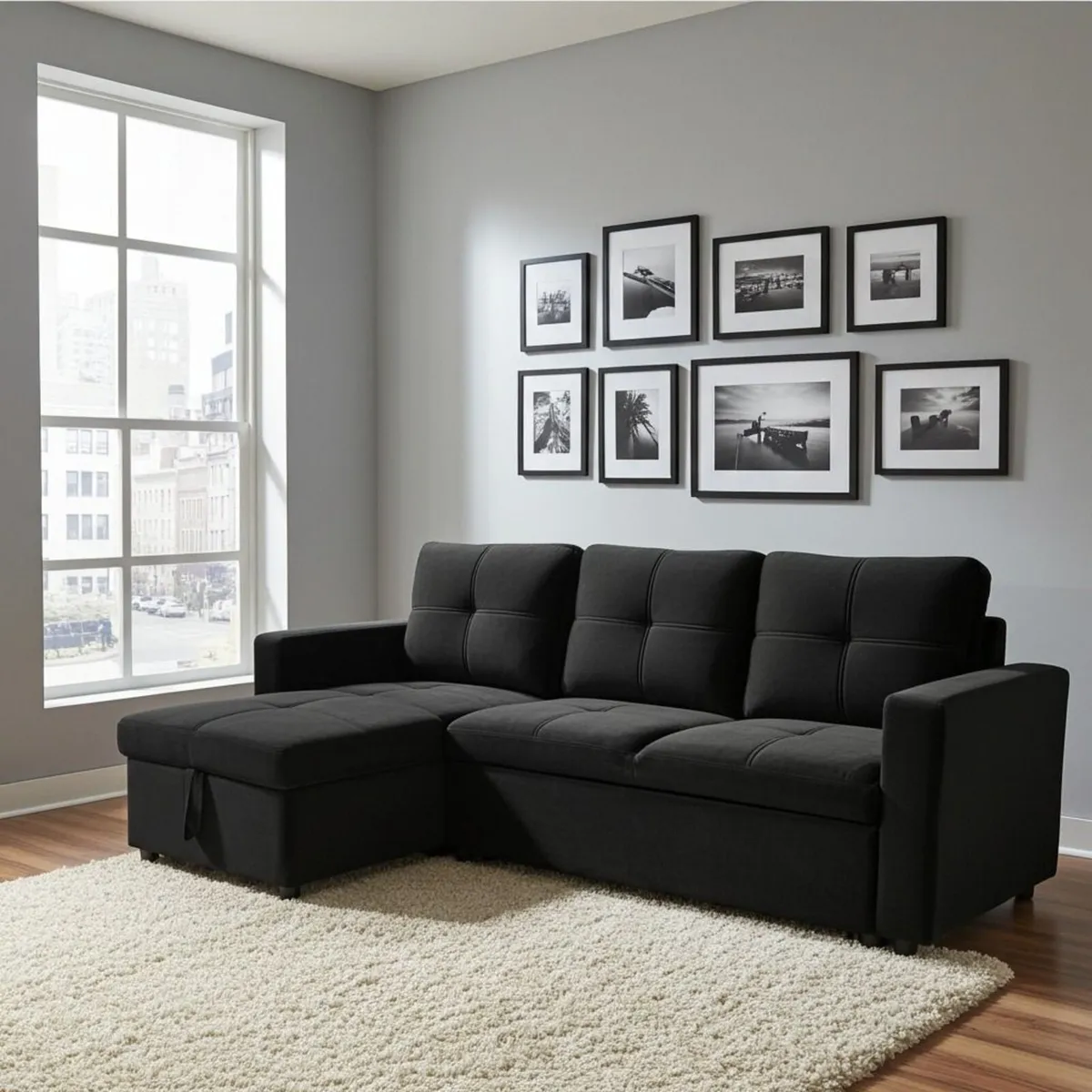 Black velvet Corner Sofa Bed Storage, 215cm - Image 3