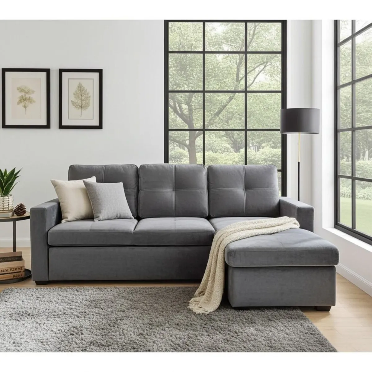 Grey velvet Corner Sofa Bed Storage Free Delivery - Image 2