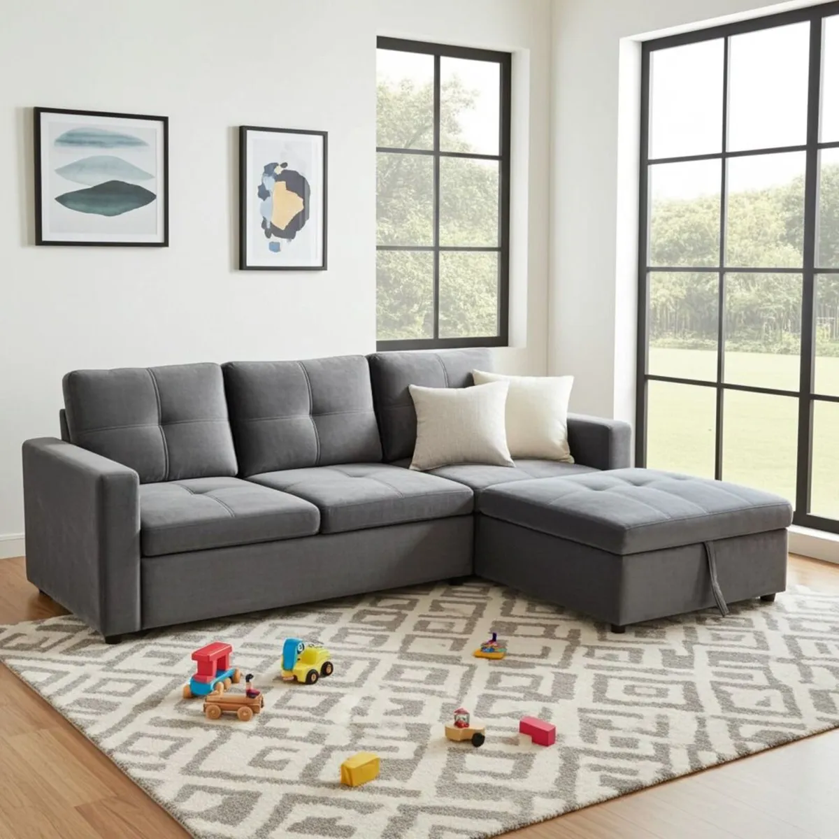 Grey velvet Corner Sofa Bed Storage Free Delivery - Image 1