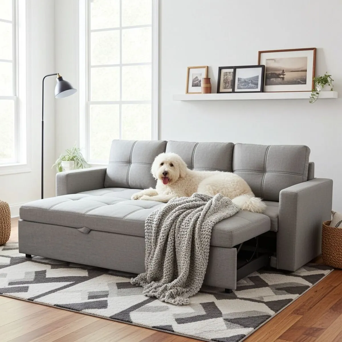 Light grey velvet Corner Sofa Bed with Storage - Image 1