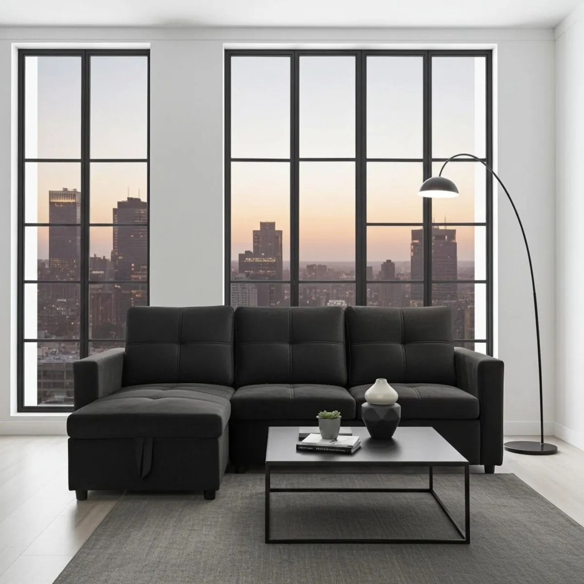 Black velvet Corner Sofa Bed Storage, 215cm - Image 1