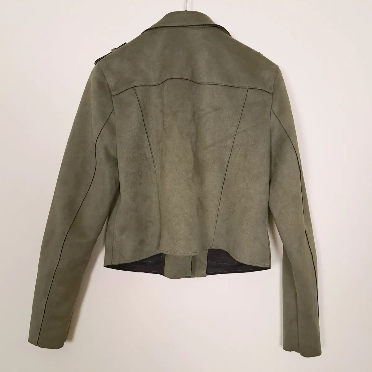 River Island Khaki Green Suede Biker Jacket 12UK - Image 3