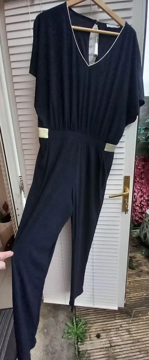 Navy jumpsuit with gold trim waist - Image 1