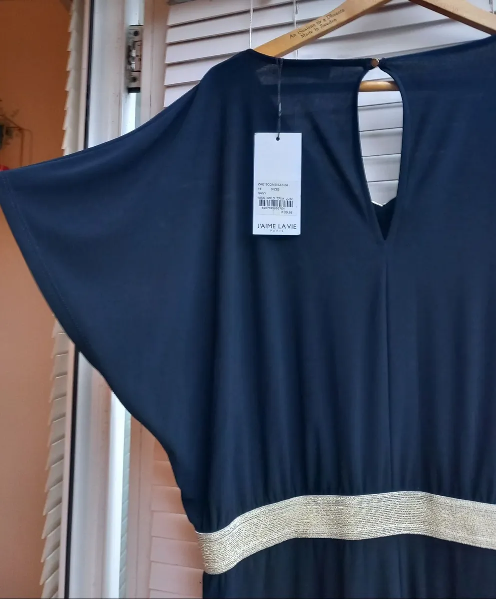 Navy jumpsuit with gold trim waist - Image 2