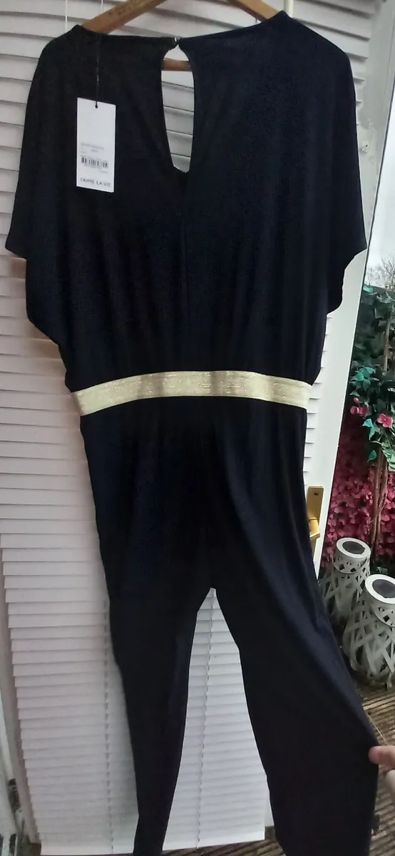 Navy jumpsuit with gold trim waist - Image 3