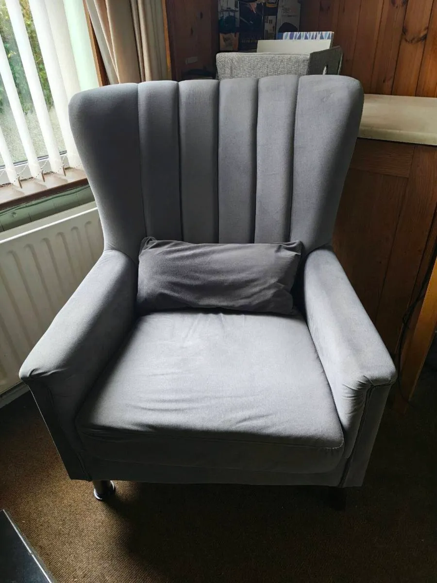 Grey velvet wingback armchair – very comfortable - Image 1