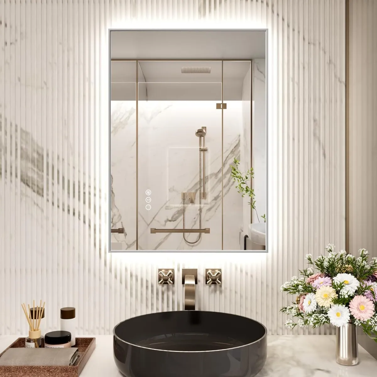 LED Bathroom Mirror With Silver Metal Frame 50 - Image 1