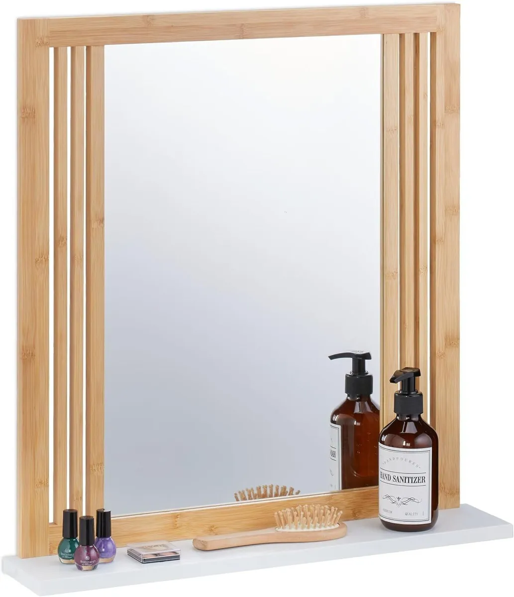 Bathroom Mirror with Shelf Bamboo MDF Rectangular - Image 1