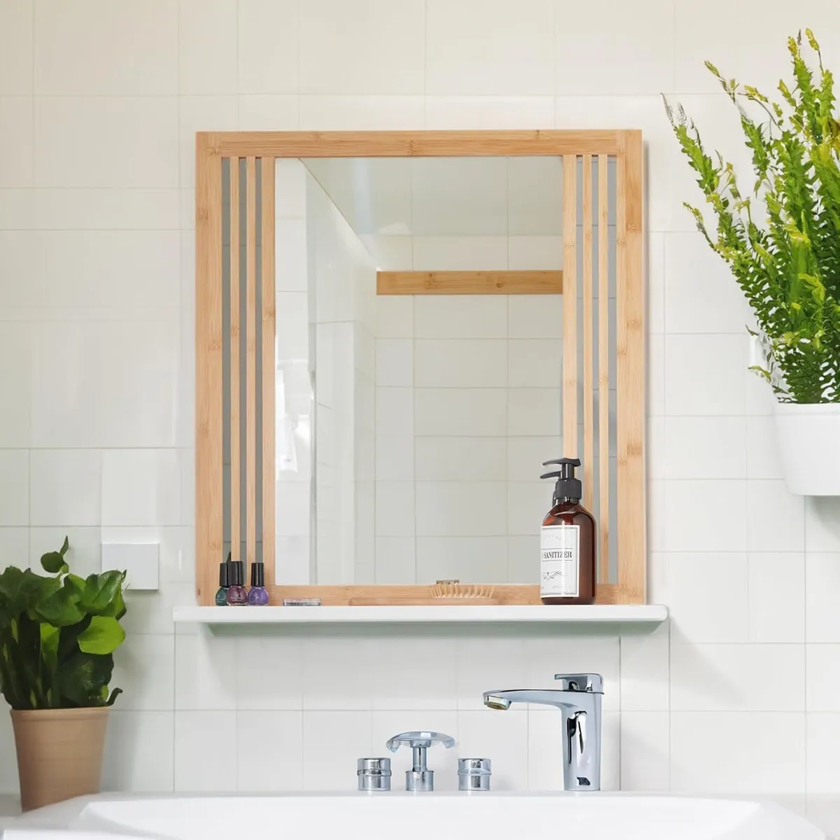 Bathroom Mirror with Shelf Bamboo MDF Rectangular - Image 2