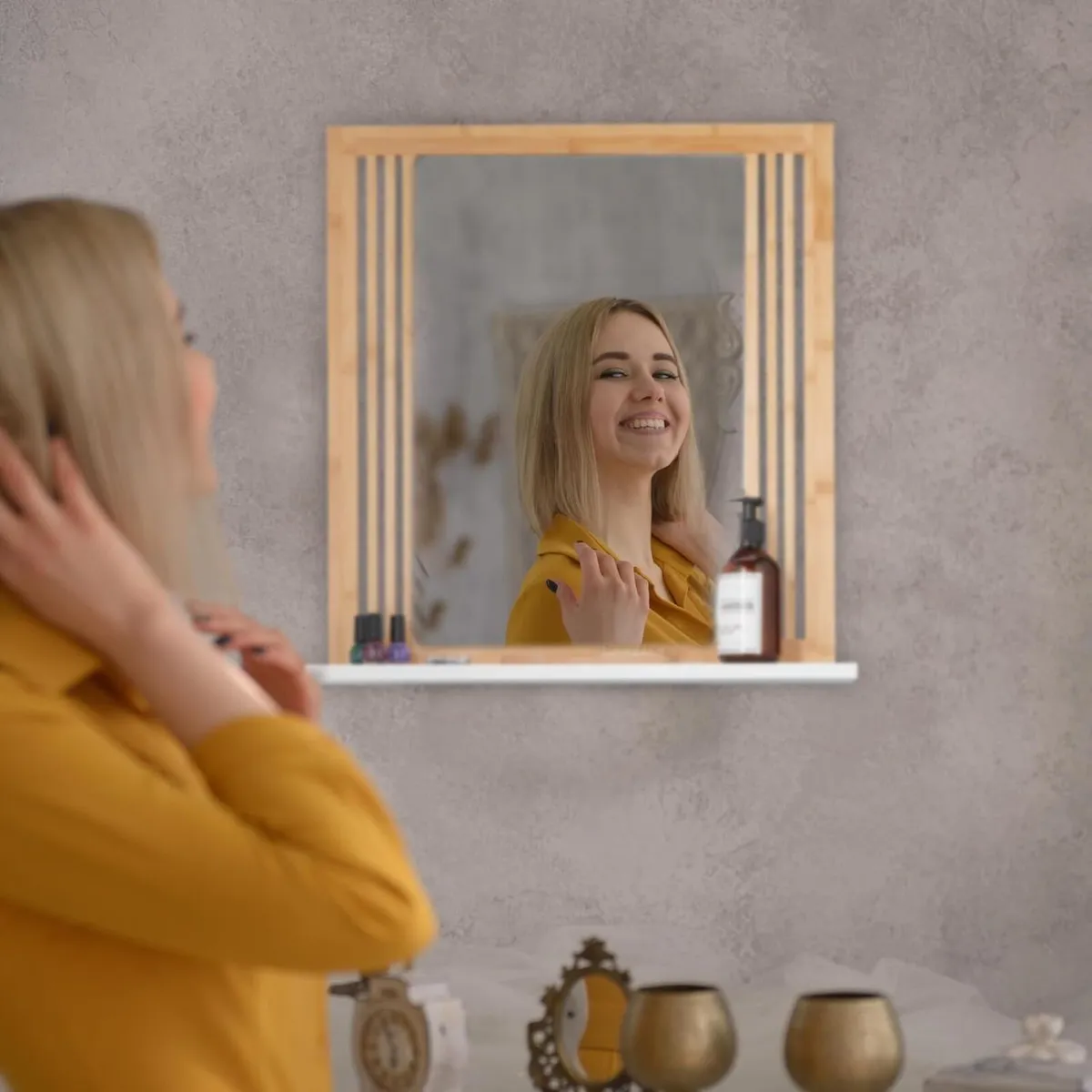 Bathroom Mirror with Shelf Bamboo MDF Rectangular - Image 4