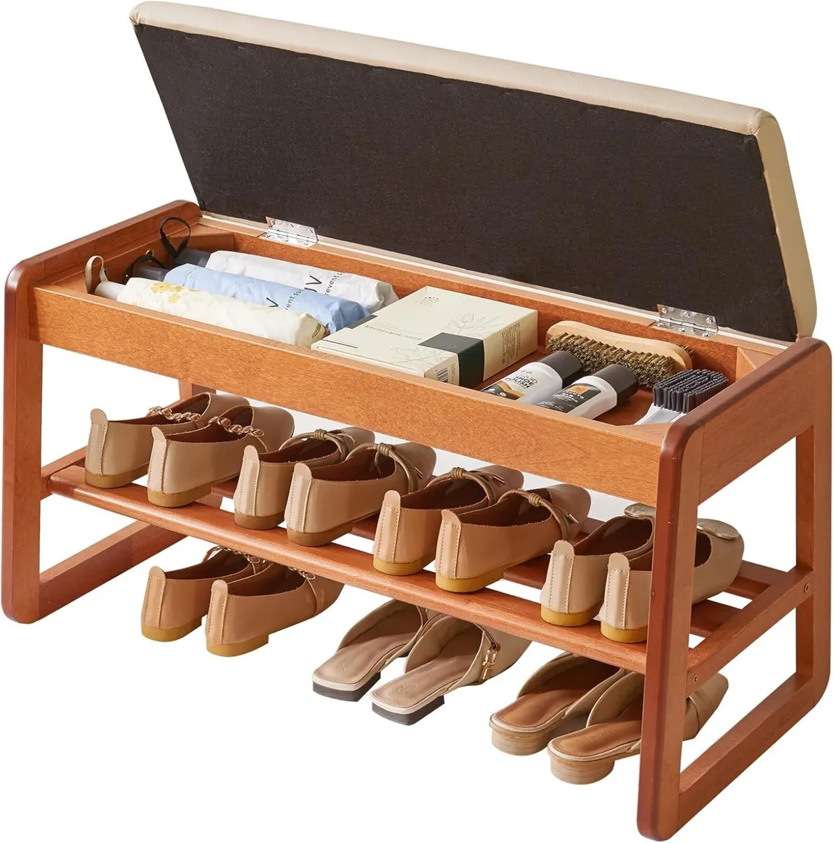 Wood Shoe Storage Bench with Flip-Top 2-Tier - Image 1