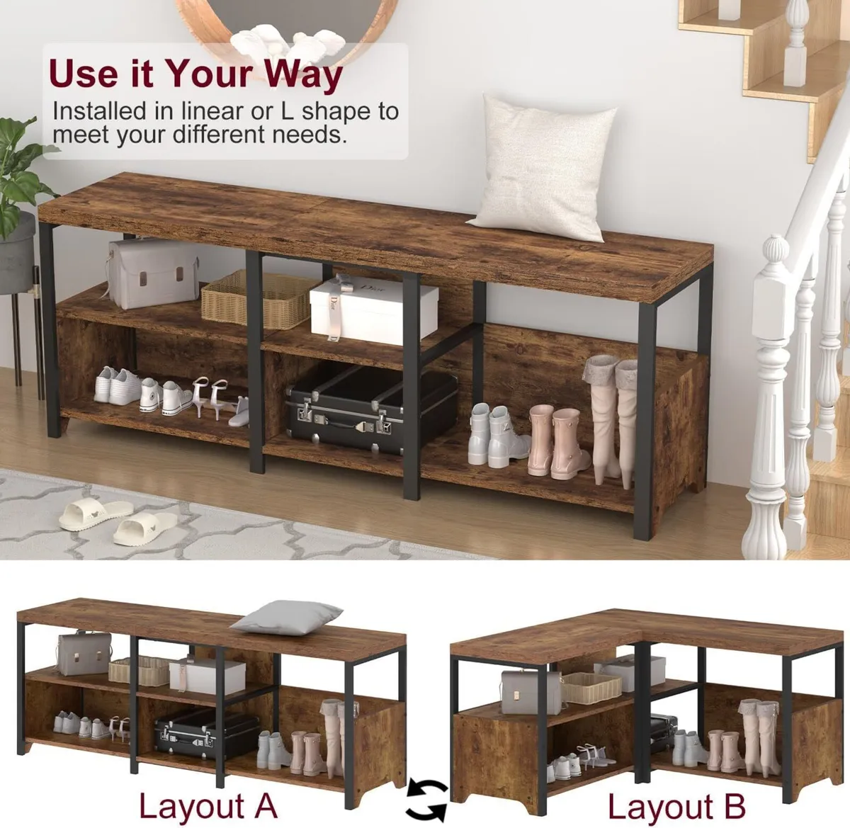 Entryway Bench Shoe Storage Rustic Corner with - Image 4