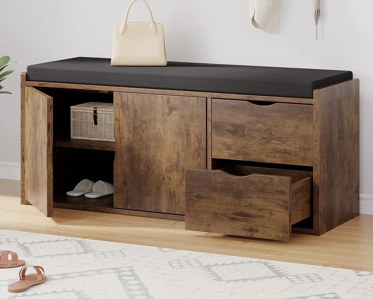 Entryway Shoe Bench Rustic Storage with Cushioned - Image 1
