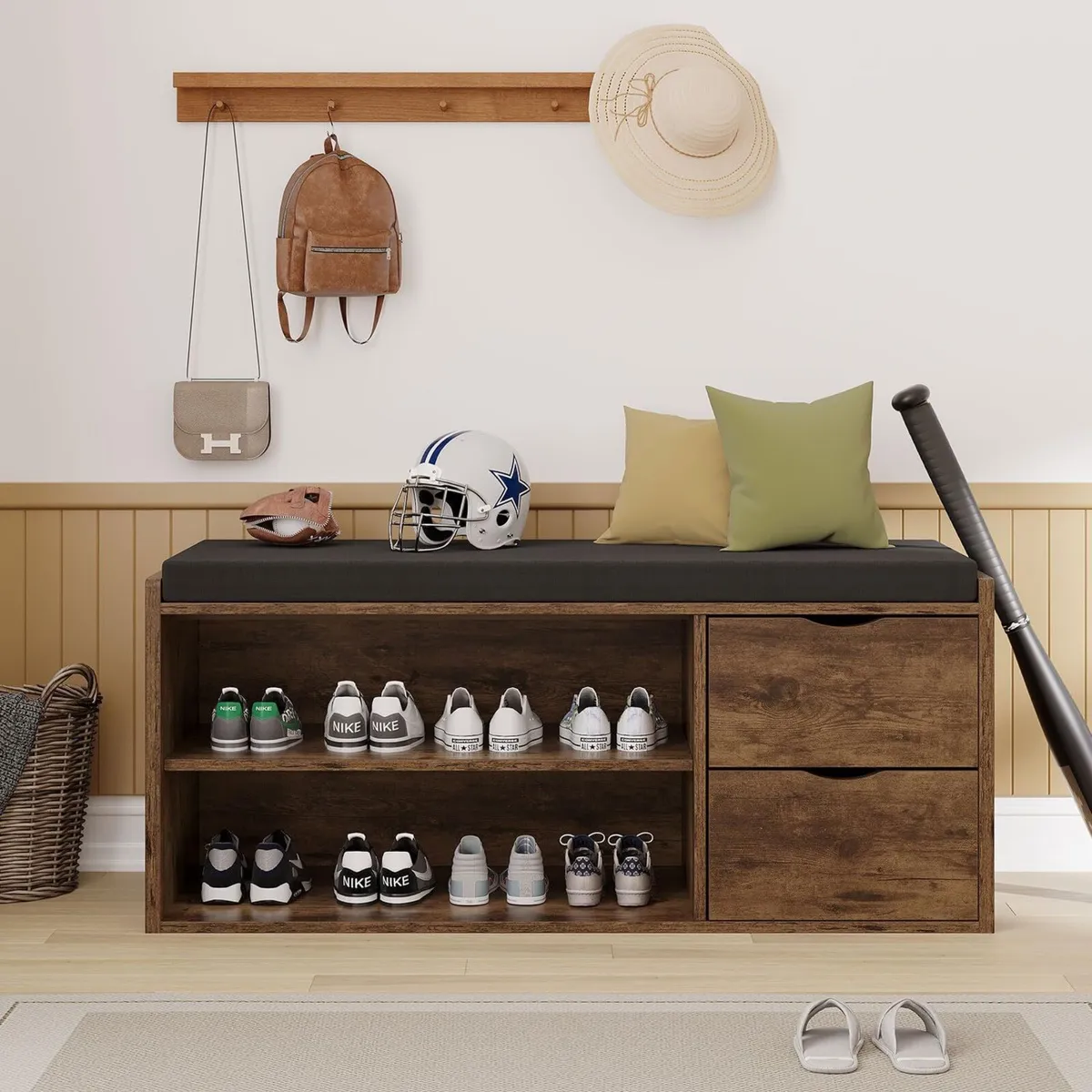 Entryway Shoe Bench Rustic Storage with Cushioned - Image 3