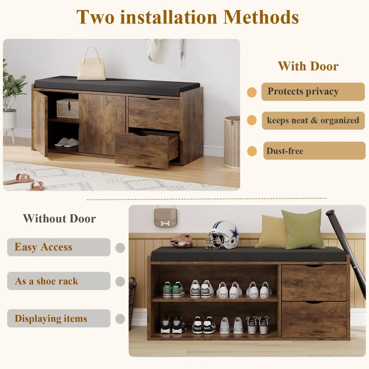 Entryway Shoe Bench Rustic Storage with Cushioned - Image 4