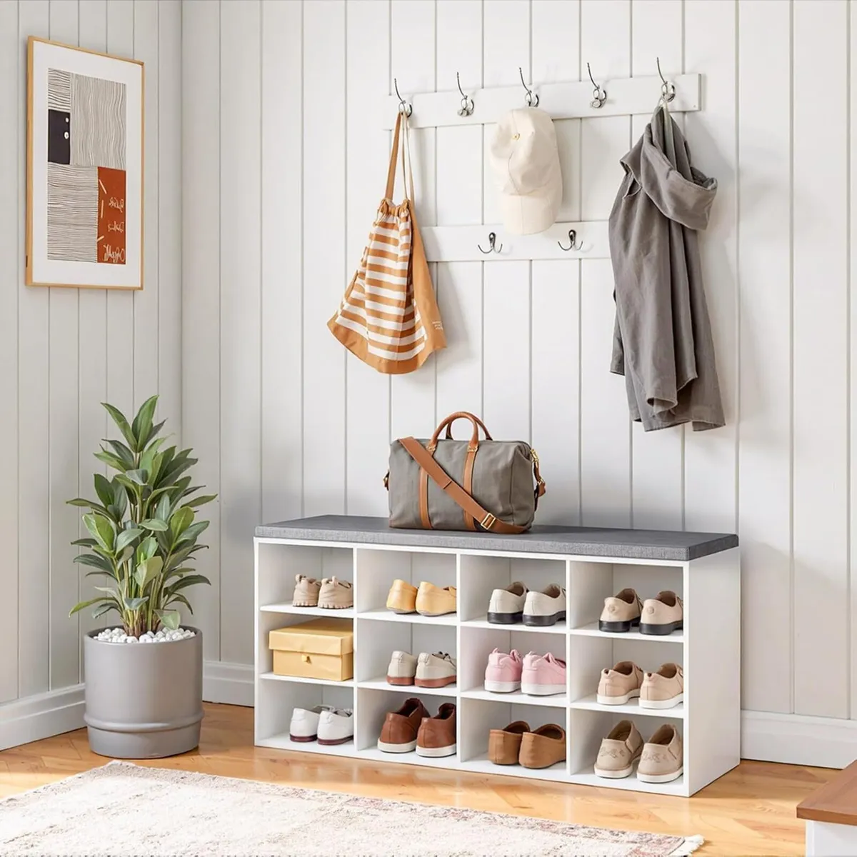 Shoe Storage Bench with Cushion and Coat Hooks - Image 2