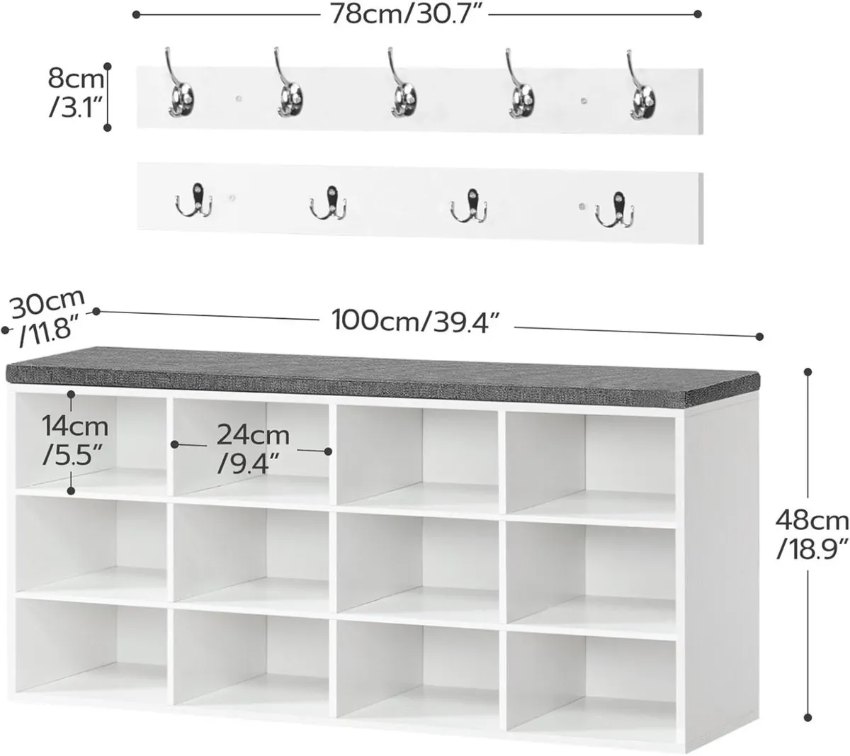 Shoe Storage Bench with Cushion and Coat Hooks - Image 3