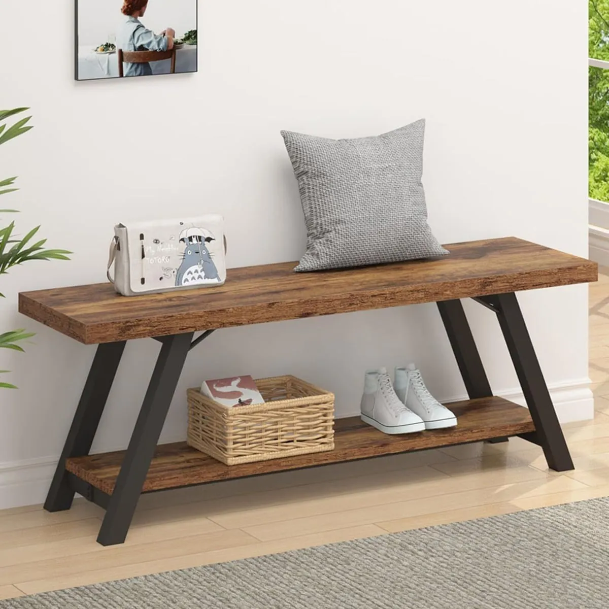 Wood Industrial Storage Entryway Indoor Bench for - Image 1