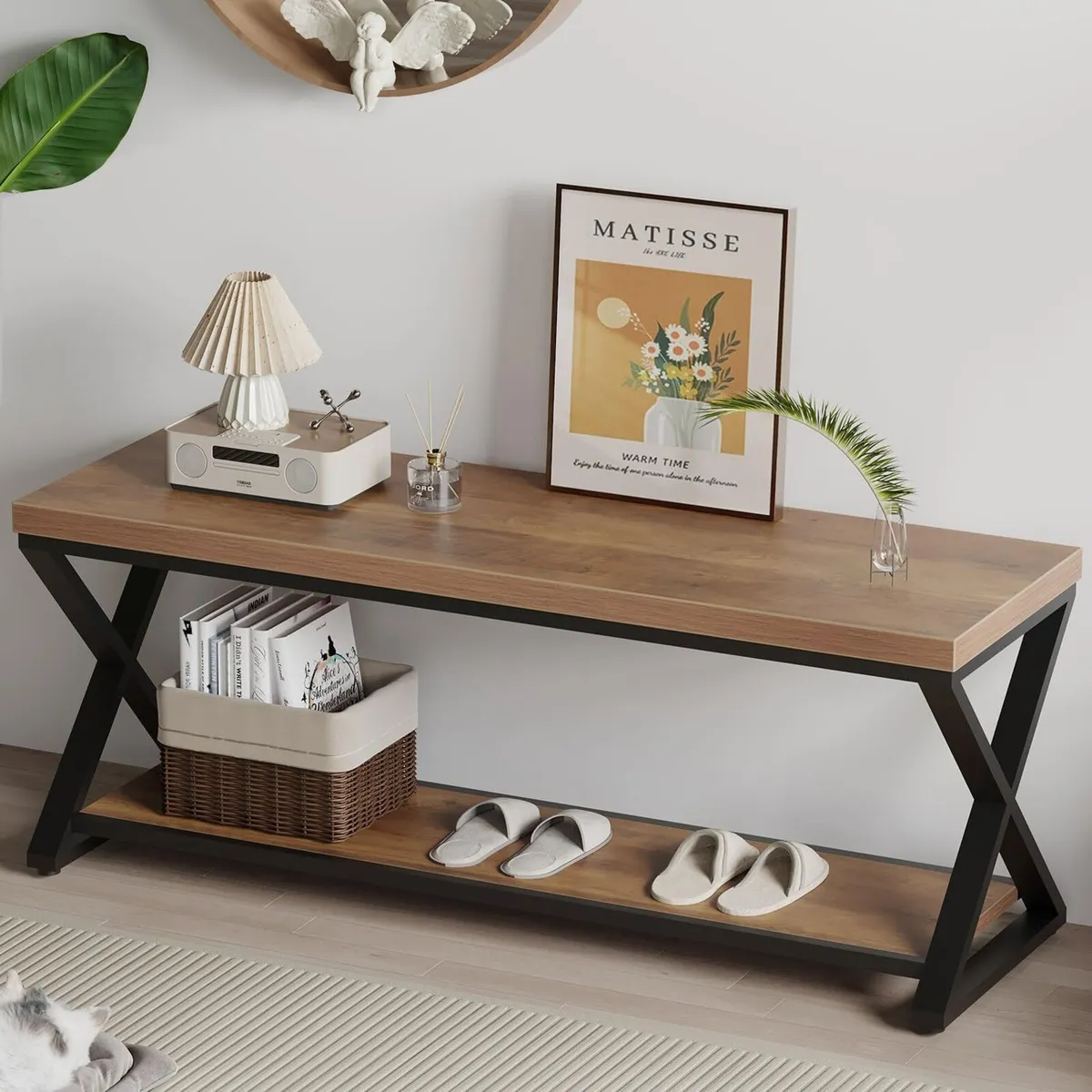 Entryway Bench with Storage Industrial Wood Metal - Image 1