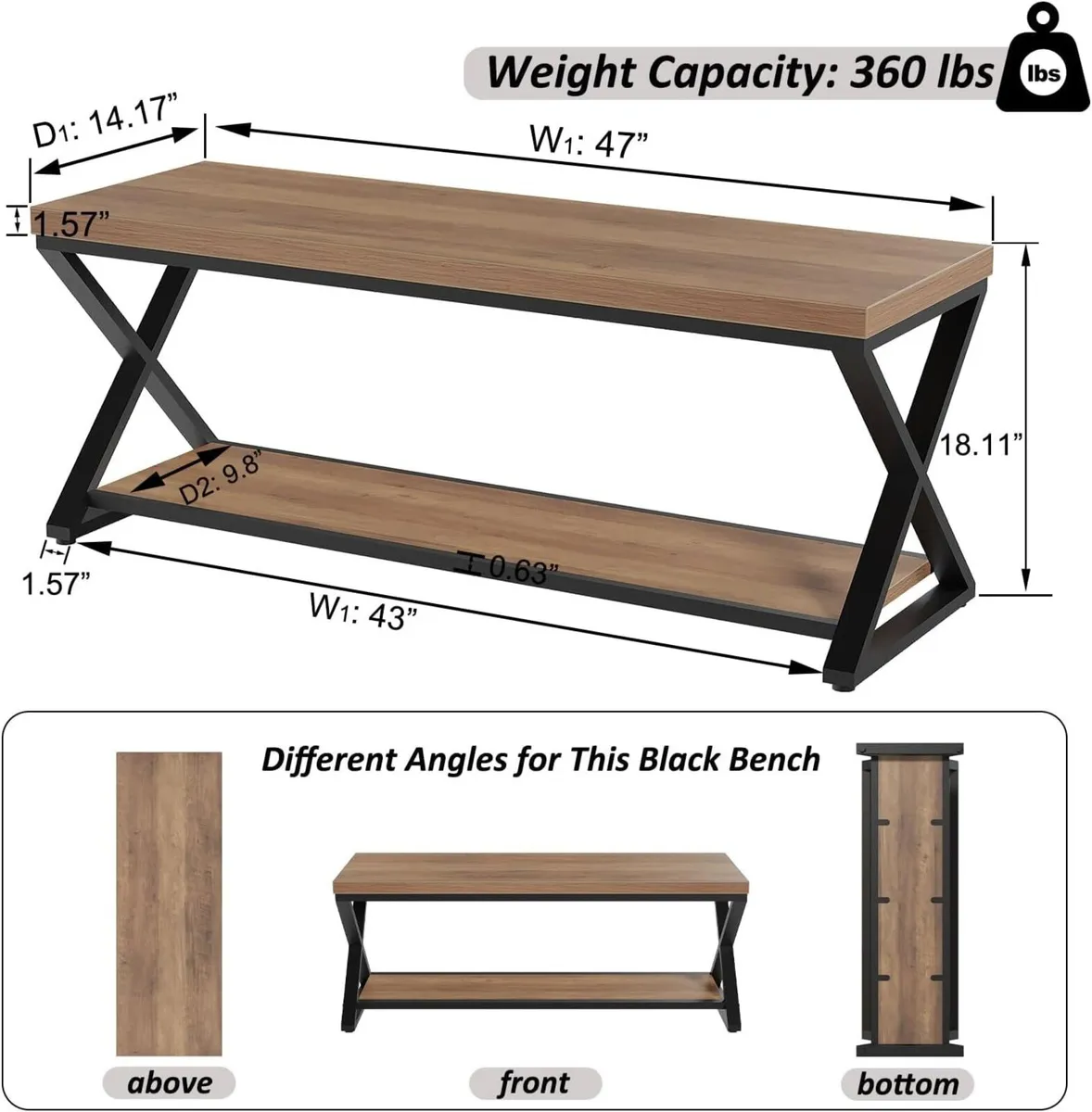 Entryway Bench with Storage Industrial Wood Metal - Image 2