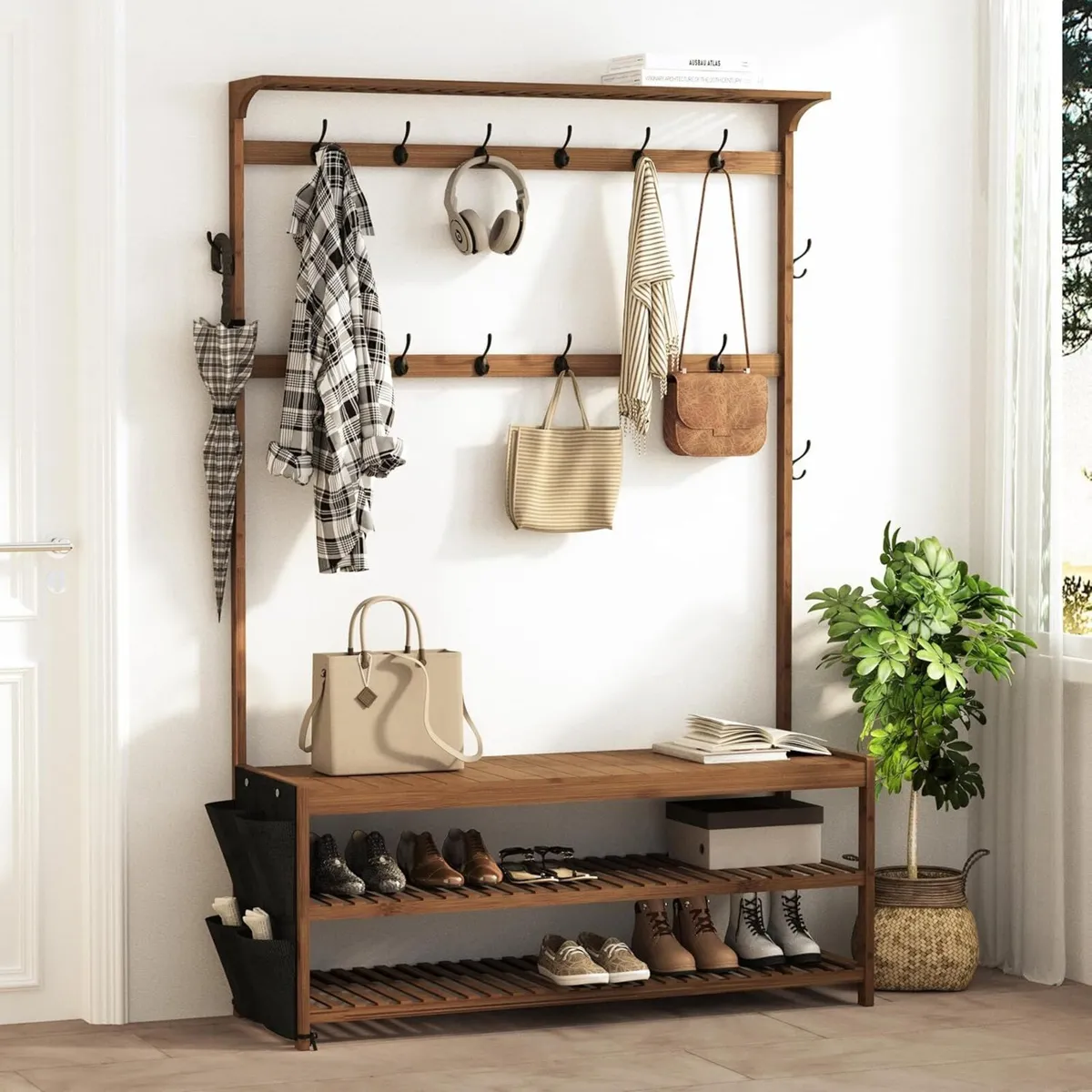Coat Rack Bamboo Hall Tree Entryway Shoe Bench - Image 1