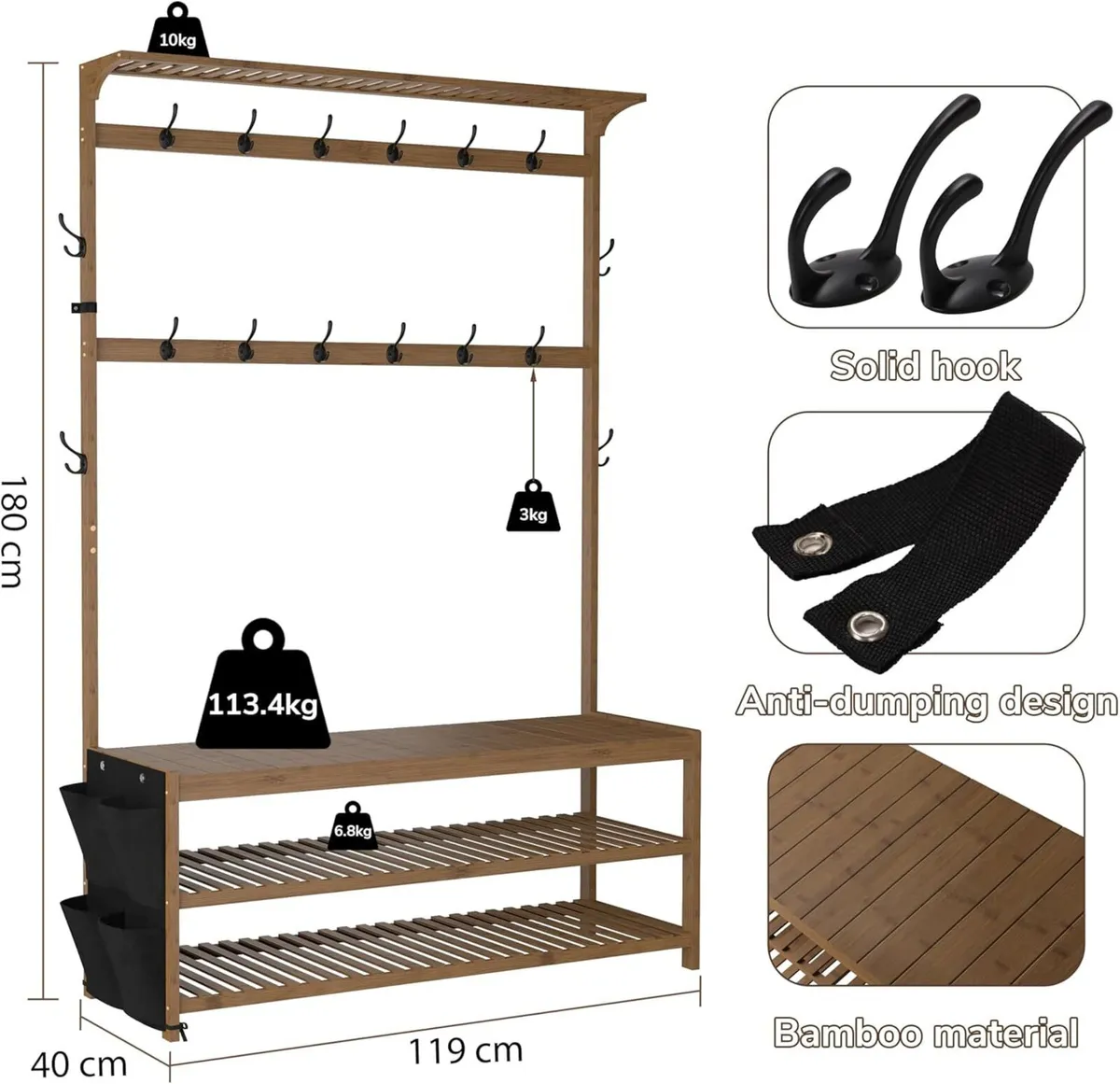 Coat Rack Bamboo Hall Tree Entryway Shoe Bench - Image 2