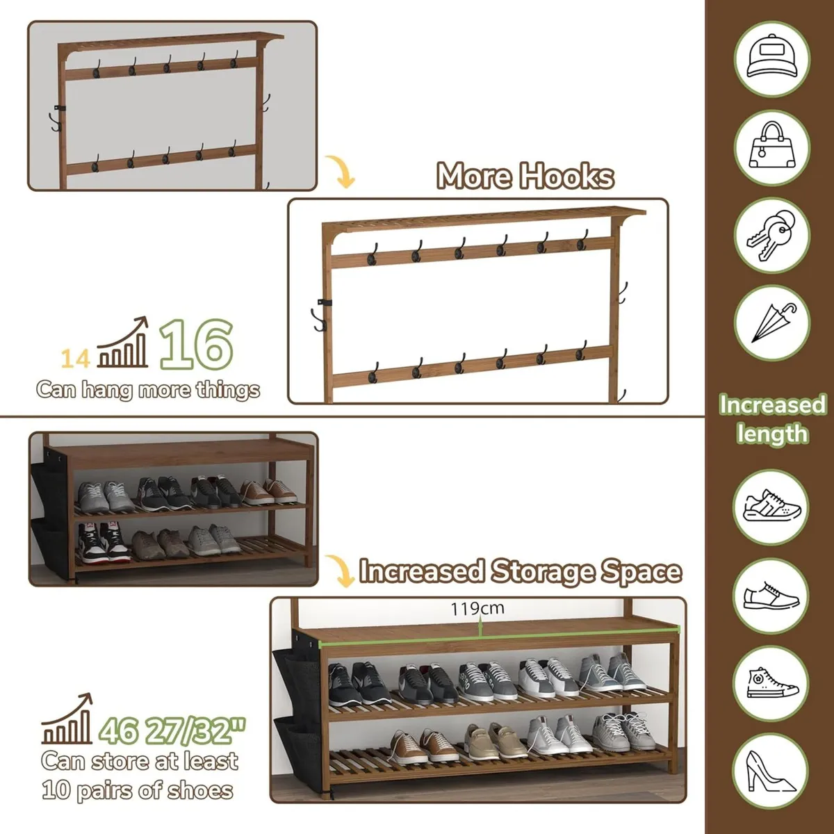 Coat Rack Bamboo Hall Tree Entryway Shoe Bench - Image 4