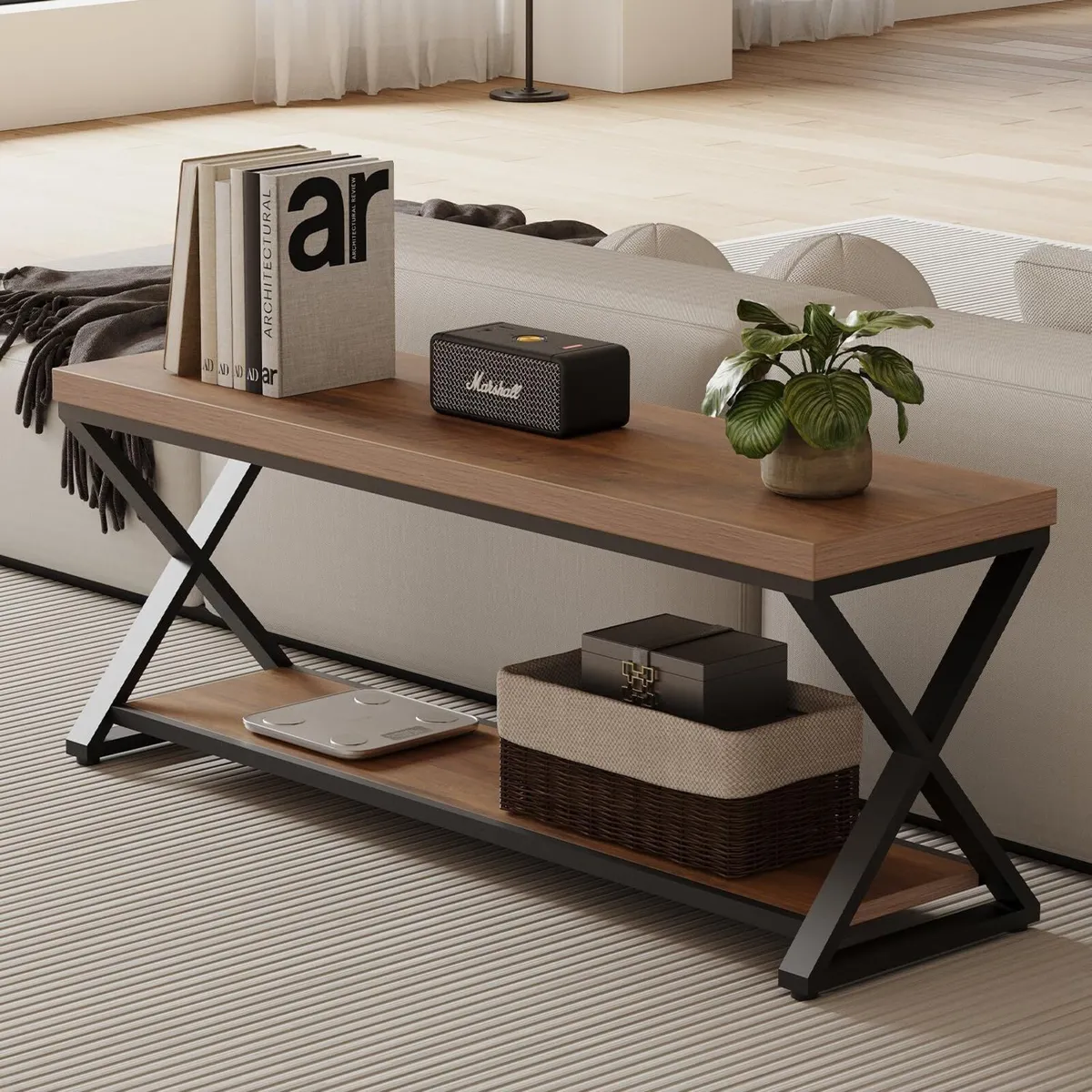 Entryway Bench with Storage Industrial Wood Metal - Image 4