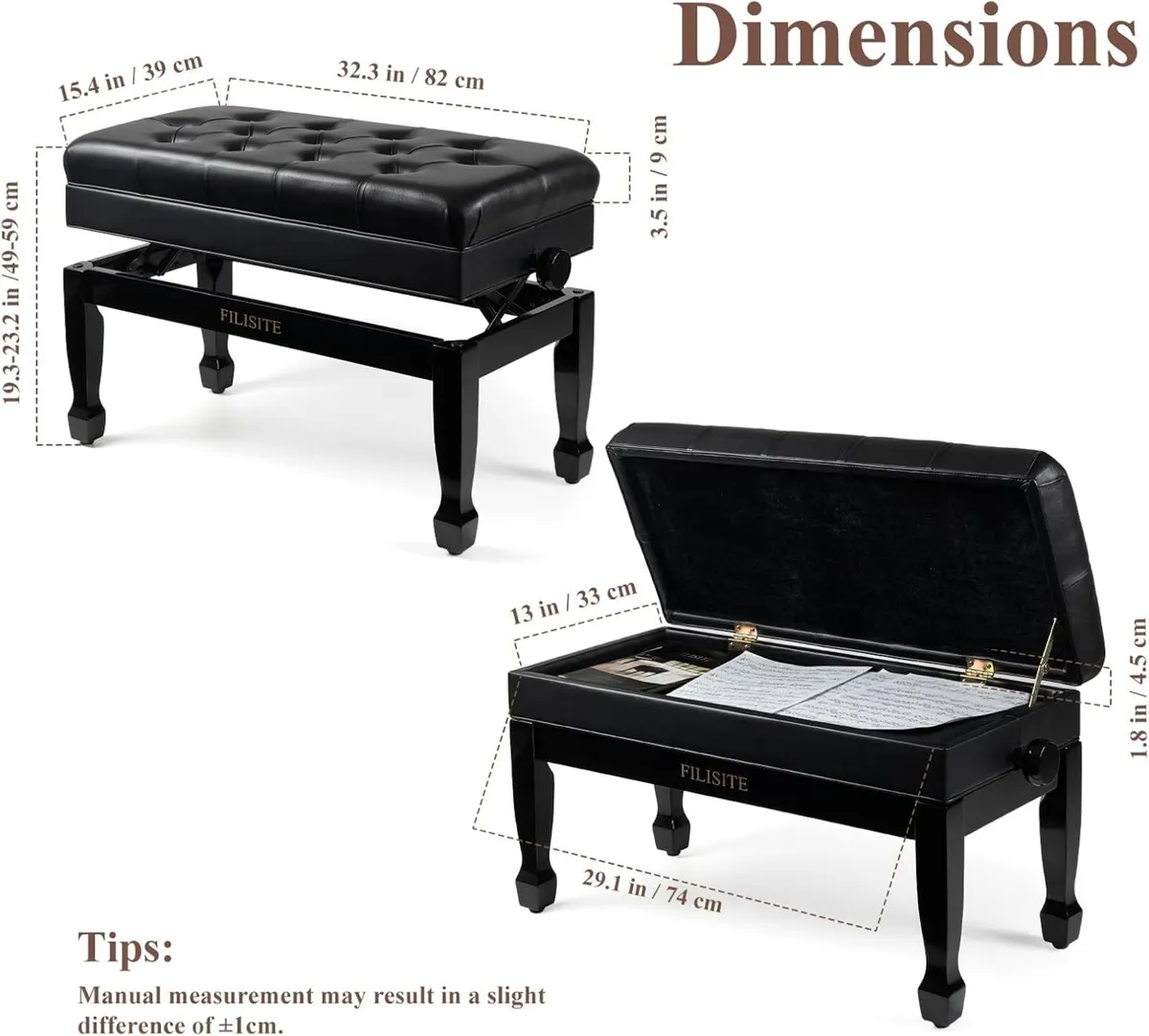 Adjustable Duet Piano Bench with Storage Heavy - Image 3