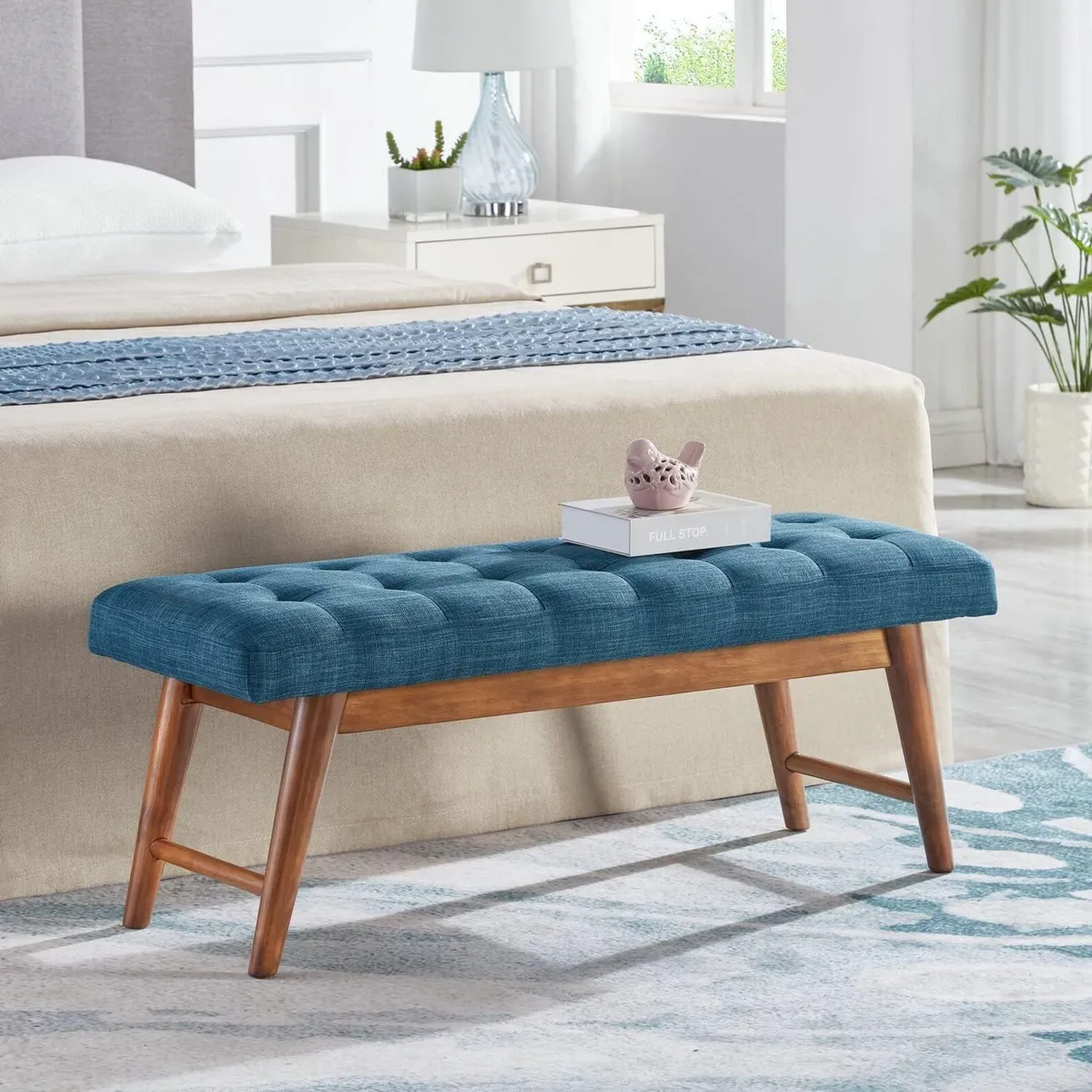 Modern Padded Upholstered Bench with Button - Image 4