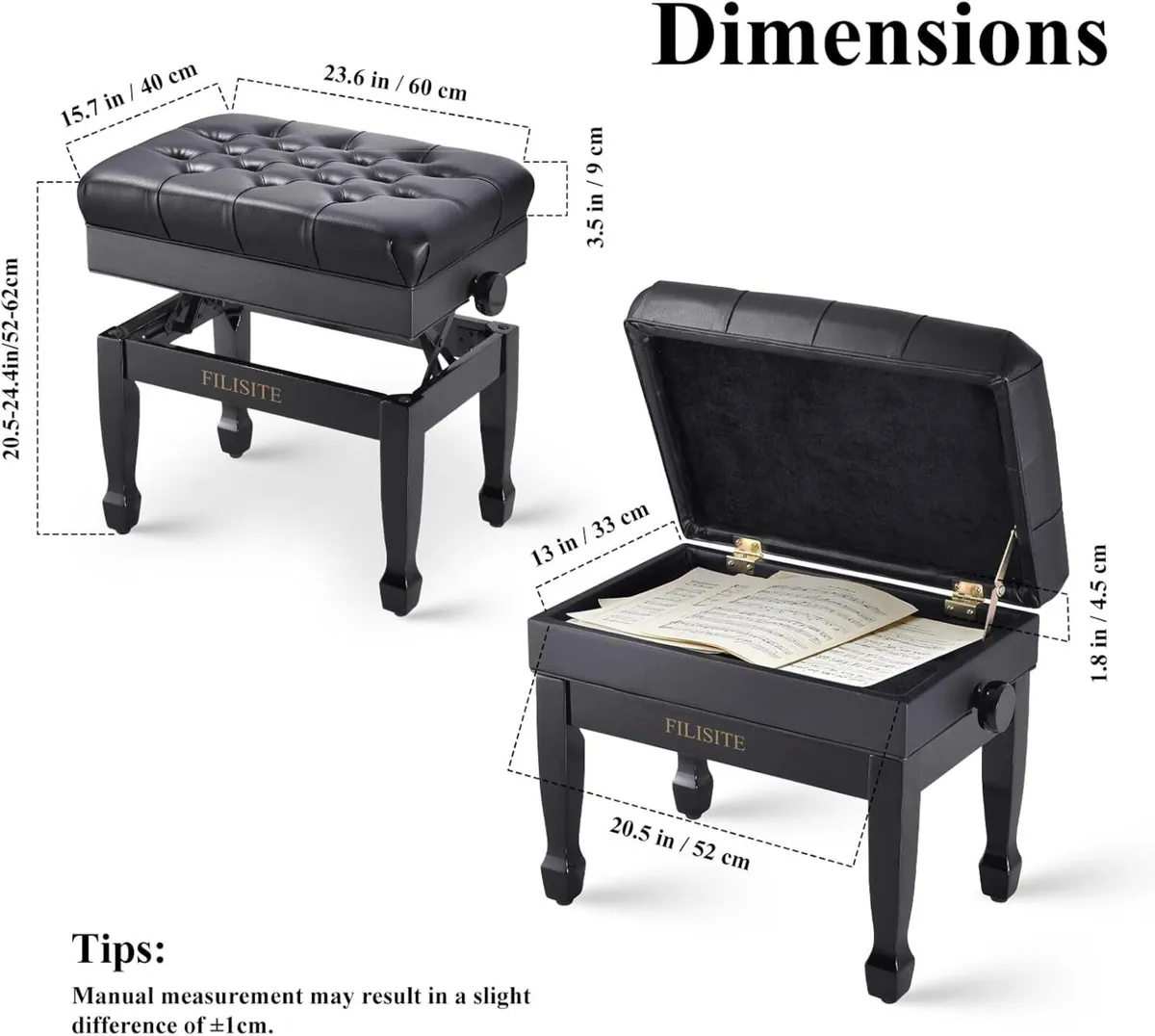 Adjustable Height Piano Bench with Storage Heavy - Image 3