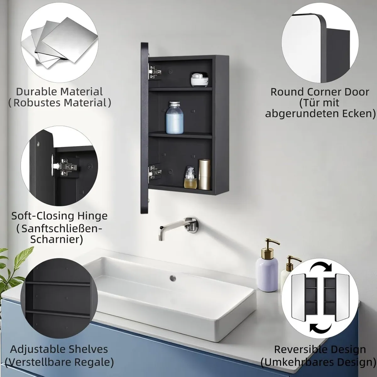 Bathroom Mirror Cabinet with Storage – Metal - Image 3