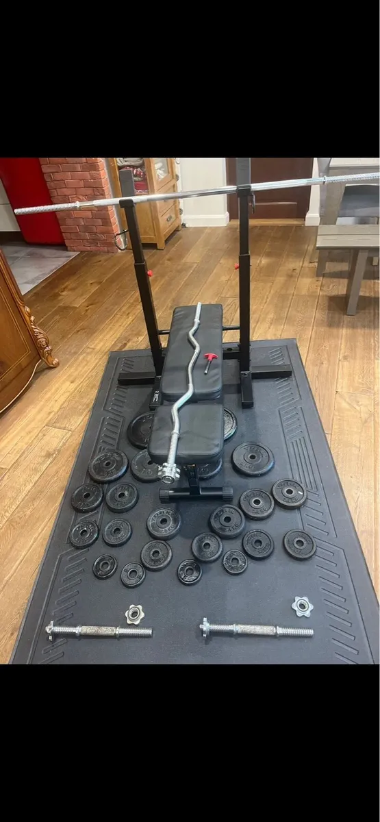 Bench two barbells dumbbells and weights - Image 1