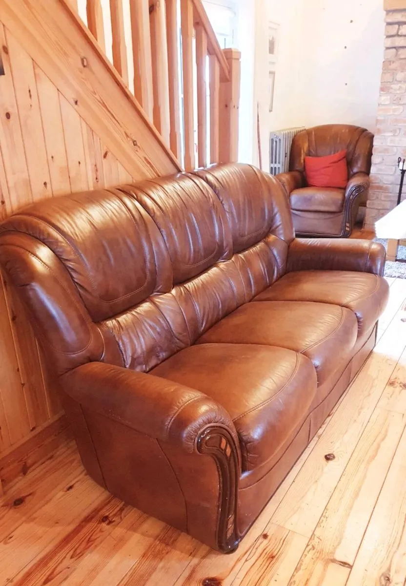 3 seater leather sofa and one armchair. - Image 2
