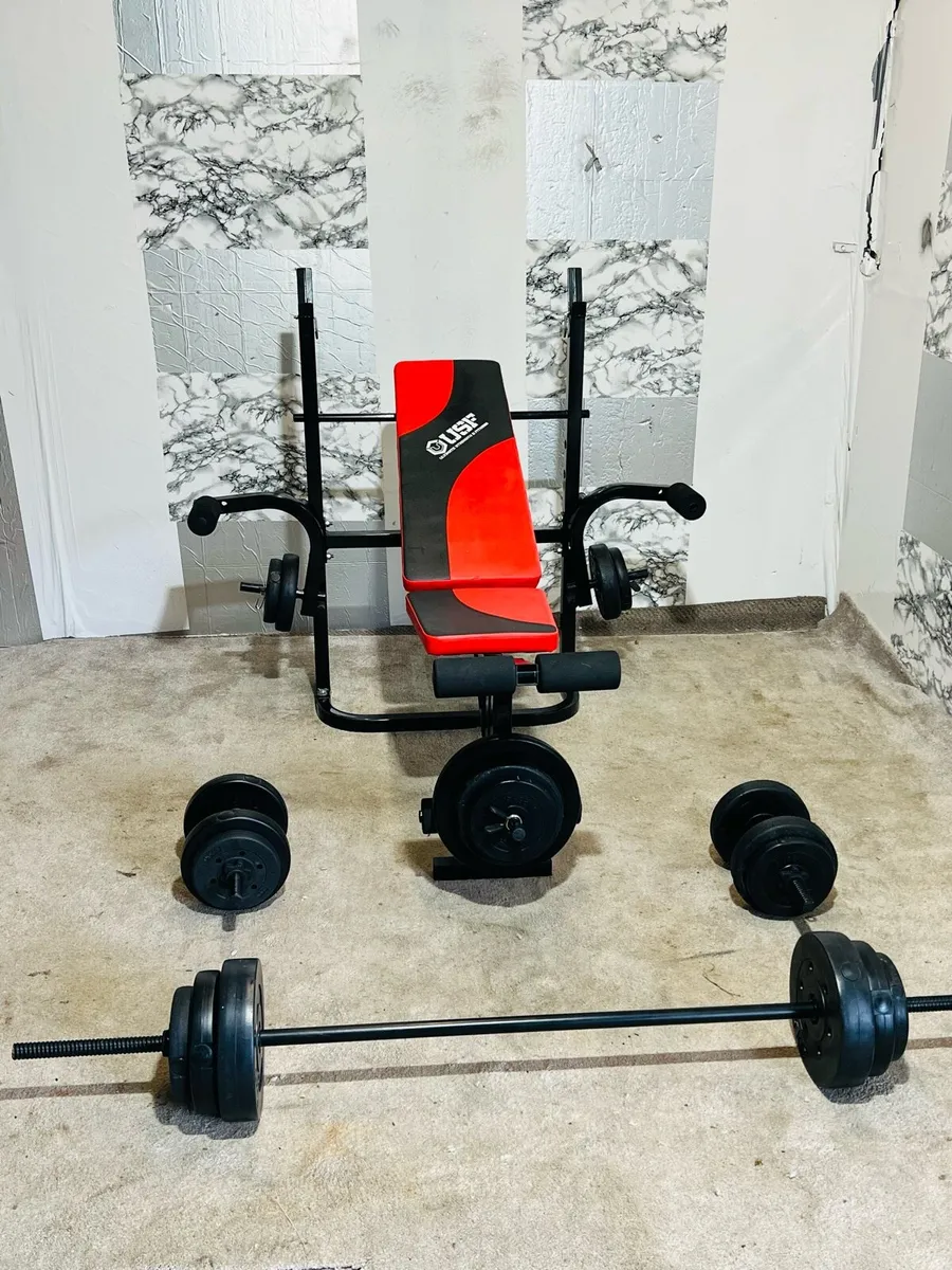 USF WEIGHT BENCH 60KG WEIGHTS BARBELL DUMBBELLS - Image 2