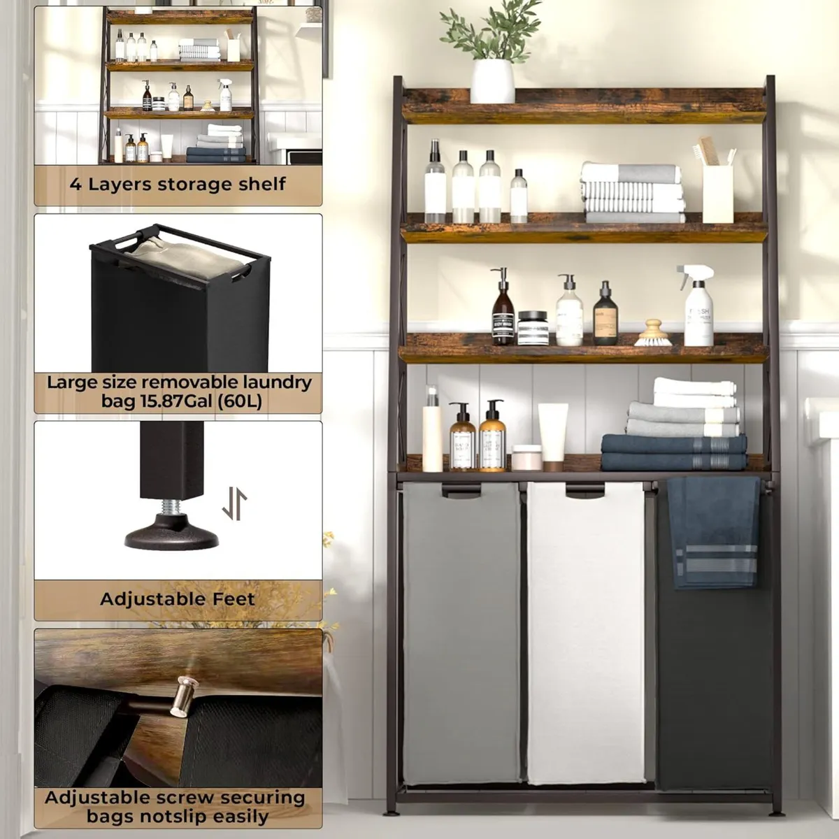 Laundry Basket 3 Section Hamper with 4 Tiers - Image 4