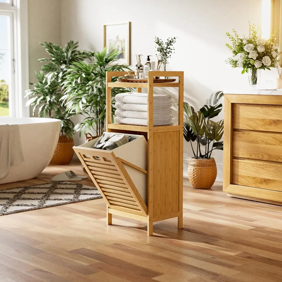 Tilt Out Laundry Hamper Bamboo Basket with - Image 2