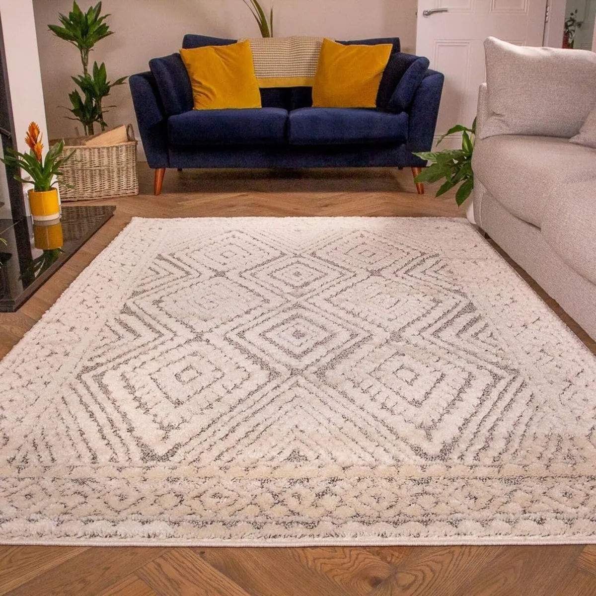 Large Soft Fluffy Grey Cream Trellis Area Rug - Image 1